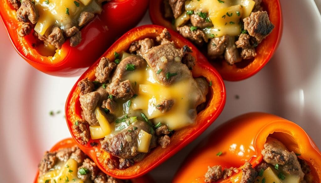 keto steak and cheese stuffed peppers